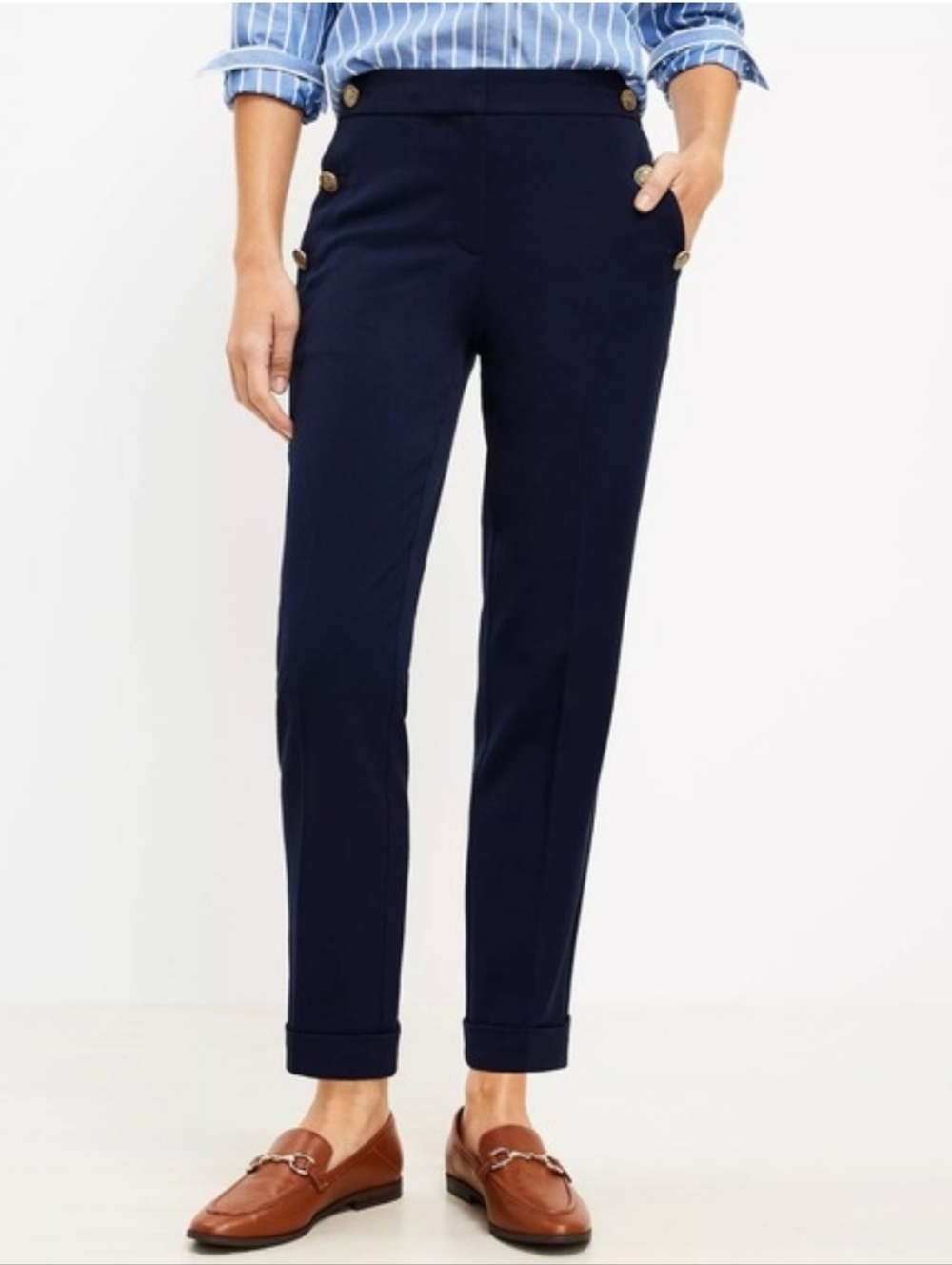 NWT LOFT The Devin Slim Sailor Pants Cropped Cuffed Navy Blue Trousers Womens 4